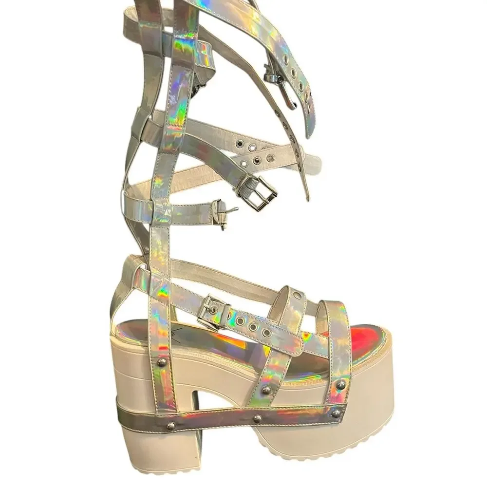 Y.R.U. Nightcall Hi Atlantis Holographic Platform Heels •8• Cage Gladiator YRU